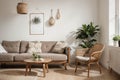Living room interior with frame mock up, natural wooden furniture and trendy home accessories on bright beige background, , Royalty Free Stock Photo