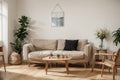 Living room interior with frame mock up, natural wooden furniture and trendy home accessories on bright beige background, , Royalty Free Stock Photo