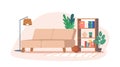 Living Room Interior with Furniture and Decor. Sofa, Shelf with Books, Plants and Glasses, Basketball Ball with Lamp