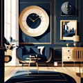 Living room interior with furniture, sofa, coffee table and clock. Vector illustration in flat style generative AI Royalty Free Stock Photo