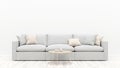 Living room interior with a gray sofa, pillows and a coffee table. White empty wall. 3D render.
