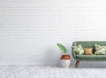 Living room interior with green sofa on white brick wall mock up background Royalty Free Stock Photo