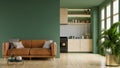 Living room interior green wall mockup in warm tones with leather sofa which is behind the kitchen Royalty Free Stock Photo