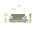 Living room interior with grey sofa, pillows, plant and torchere. Royalty Free Stock Photo