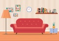 Living room interior in home. Design of cozy room with sofa, lamp, clock, flower, books. Flat illustration of livingroom with