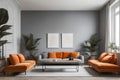 Living room interior with indoor plants and orange sofas, Royalty Free Stock Photo