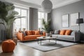 Living room interior with indoor plants and orange sofas Royalty Free Stock Photo