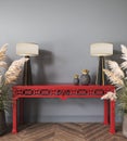Living room interior in japandi country style with decor, dry plants, red console and lamp. Blue wall mock up. 3d Royalty Free Stock Photo