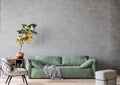 Living room interior in loft apartment, green sofa in rustic style room