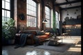 Living room interior in loft, industrial style. Generative AI