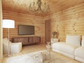 Living room interior in a log house with the console and TV. Royalty Free Stock Photo