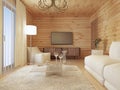 Living room interior in a log house with the console and TV. Royalty Free Stock Photo