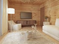 Living room interior in a log house with the console and TV. Royalty Free Stock Photo