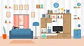 Living room interior. Lounge with furniture, window, TV, cat, a bottle of wine. Home background in flat design. Cozy house