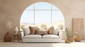 living room interior mock up, modern furniture and decorative green arch with trendy dried flowers, white sofa and