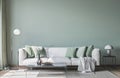 Living room interior mock up, modern furniture and trendy home accessories, on colored background Royalty Free Stock Photo