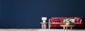 Living room interior mock-up with red sofa, wooden table and rattan home decoration in dark blue background