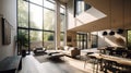 Living room interior in modern country house. Minimalism, light furniture, panoramic windows, black details in design of