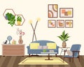 Living room interior, modern design. Sofa and floor lamp. Nightstand with vase and mirror, candles and figurines. Royalty Free Stock Photo