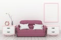 Living Room Interior - Pink elegant style with fame sofa clock and plant, white wood floor on empty white wall. 3D rendering Royalty Free Stock Photo