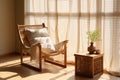 Living room interior with rattan armchair. Curtains made of natural fabric. A corner for relaxing and reading in boho style. Soft Royalty Free Stock Photo