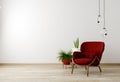 Living room interior with red armchair and flower, white wall mock up background, 3D rendering Royalty Free Stock Photo