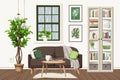 Living room interior with a sofa, a bookcase, and a ficus tree. Cartoon vector illustration Royalty Free Stock Photo