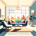 Living room interior with sofa and coffee table. Vector illustration in flat style generative AI Royalty Free Stock Photo