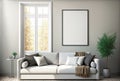 Living room interior sofa with empty painting vertical frame mockup design product