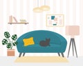 Living room interior with sofa, lamp, monstera plant, book shelf and painting, vector