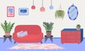 Living room interior with sofa, plants in pots and lamps modern home flat vector illustration. Royalty Free Stock Photo