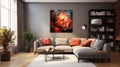 Living room interior with sofa, striking pillows and 3d abstract painting in red, black and gold