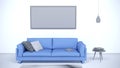 Living room interior with sofa, table with books, light grey floor, frame with empty space fot your text on a large wall