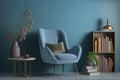 Living Room interior with velvet armchair with books on blue wall background.