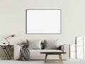 Living room interior wall mock up with sofa, pillows and lamp on white background