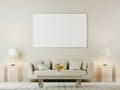 Living room interior wall mock up with white sofa, pillows and lamps on brown background Royalty Free Stock Photo