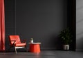 Living room interior wall mockup in black tones with red leather armchair on dark wall background Royalty Free Stock Photo