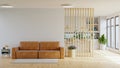 Living room interior wall mockup in warm tones with leather sofa in front of the kitchen Royalty Free Stock Photo
