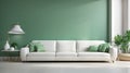 Living room interior - white leather sofa and green wall panel with space Royalty Free Stock Photo