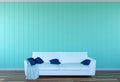 Living room interior - white leather sofa and green wall panel with space Royalty Free Stock Photo