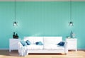 Living room interior - white leather sofa and green wall panel with space Royalty Free Stock Photo