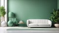 Living room interior - white leather sofa and green wall panel with space Royalty Free Stock Photo