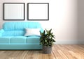 Living Room Interior with white pillow on blue sofa and two frames, wooden floor on empty white wall background. 3D rendering