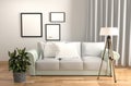 Living Room Interior White style - with Sofa pillows plants lamp and frames - Wooden floor on White wall background. 3D rendering