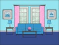 Living room interior with window in flat design. Vector illustration. Royalty Free Stock Photo
