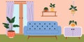 Living room interior with window and macrame plant. Vector illustration.