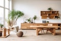 Living room interior with wood elements, green house plants, cozy home Royalty Free Stock Photo