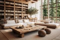 Living room interior with wood elements, green house plants, cozy home Royalty Free Stock Photo