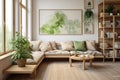 Living room interior with wood elements, green house plants, cozy home Royalty Free Stock Photo