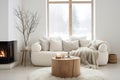 Living room interior with wood elements in rustic style, cozy home Royalty Free Stock Photo